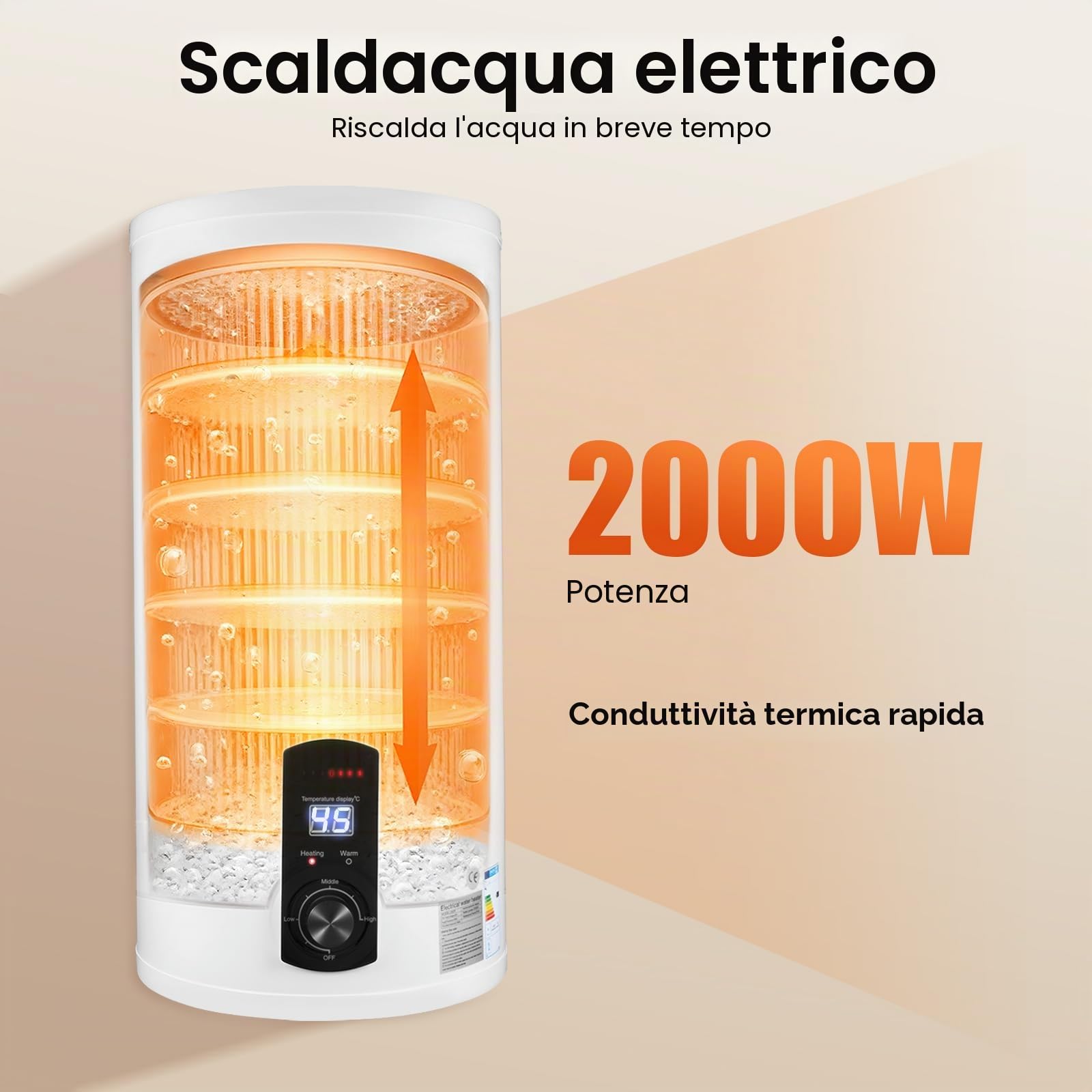 Scaldabagno elettrico da 50 l e 2000 W, con set doccia e rubinetto, impermeabile IPX4, per bagno/cucina, riscaldamento rapido con indicatore digitale della temperatura