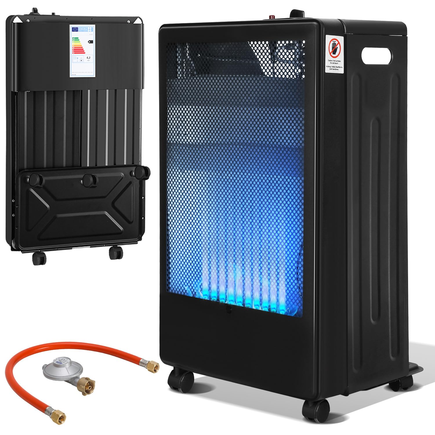 Ogrzewanie gazowe do wnętrz, 3800 W, grzejnik gazowy do butli gazowych do 15 kg, w zestawie regulator ciśnienia gazu, wąż gazowy