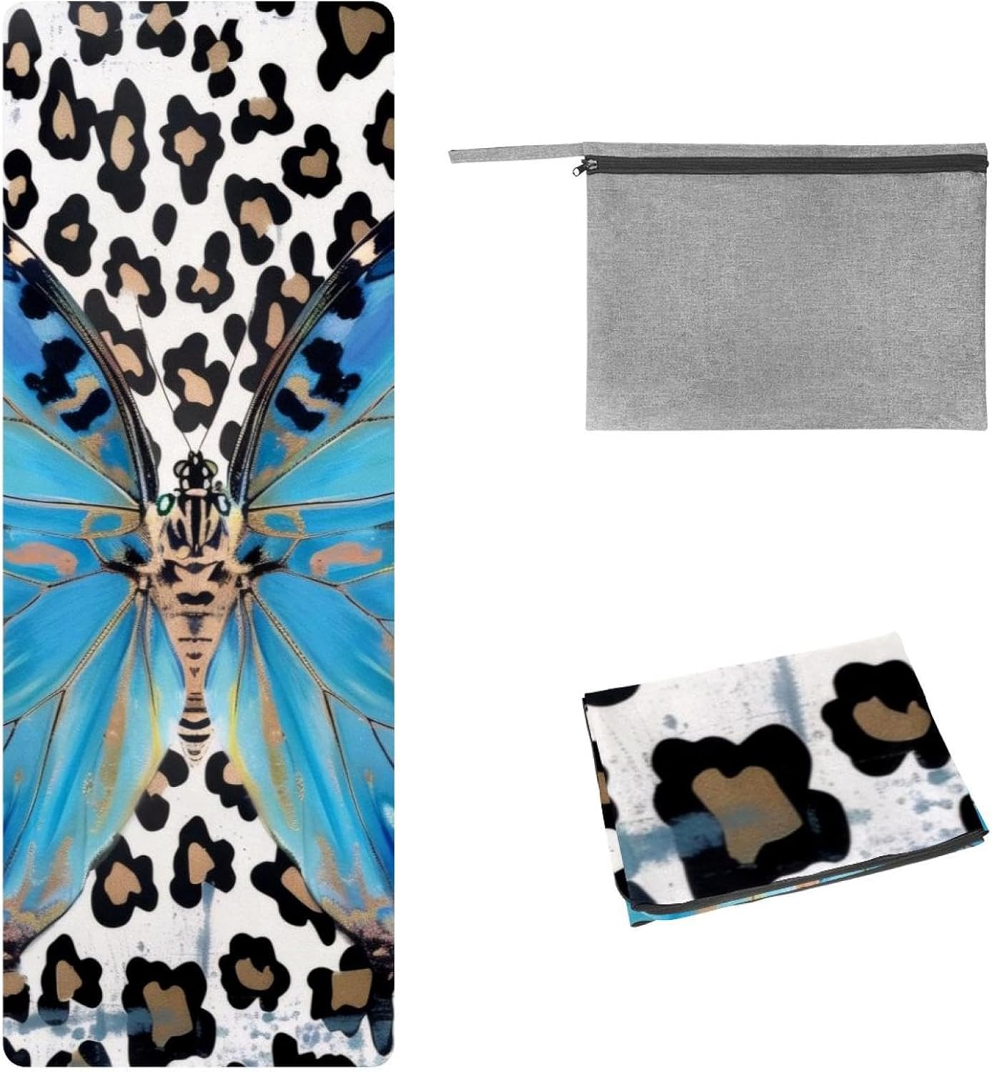 Yoga Towel, Leopard Print Blue Butterfly Non Slip Sweat Absorbent Hot Yoga Mat Towel for Hot Yoga, Pilates and Fitness - 72.8" x 26.8"