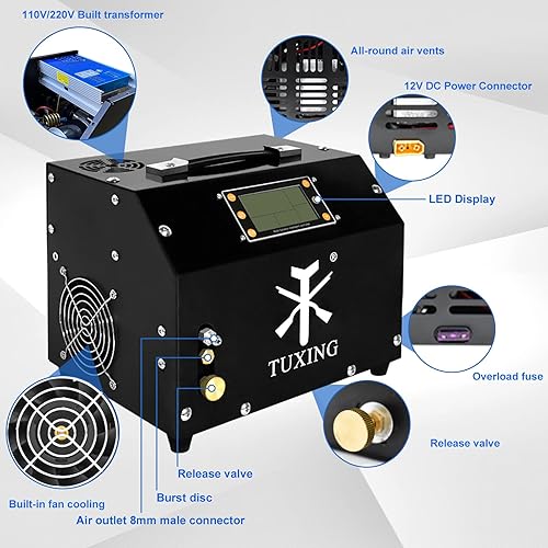 Miniatura 5 de TUXING Compresor de aire PCP de 4500 psi, compresor de alta presión de parada automática ajustable, versión de pantalla LCD, equipado con sistema de