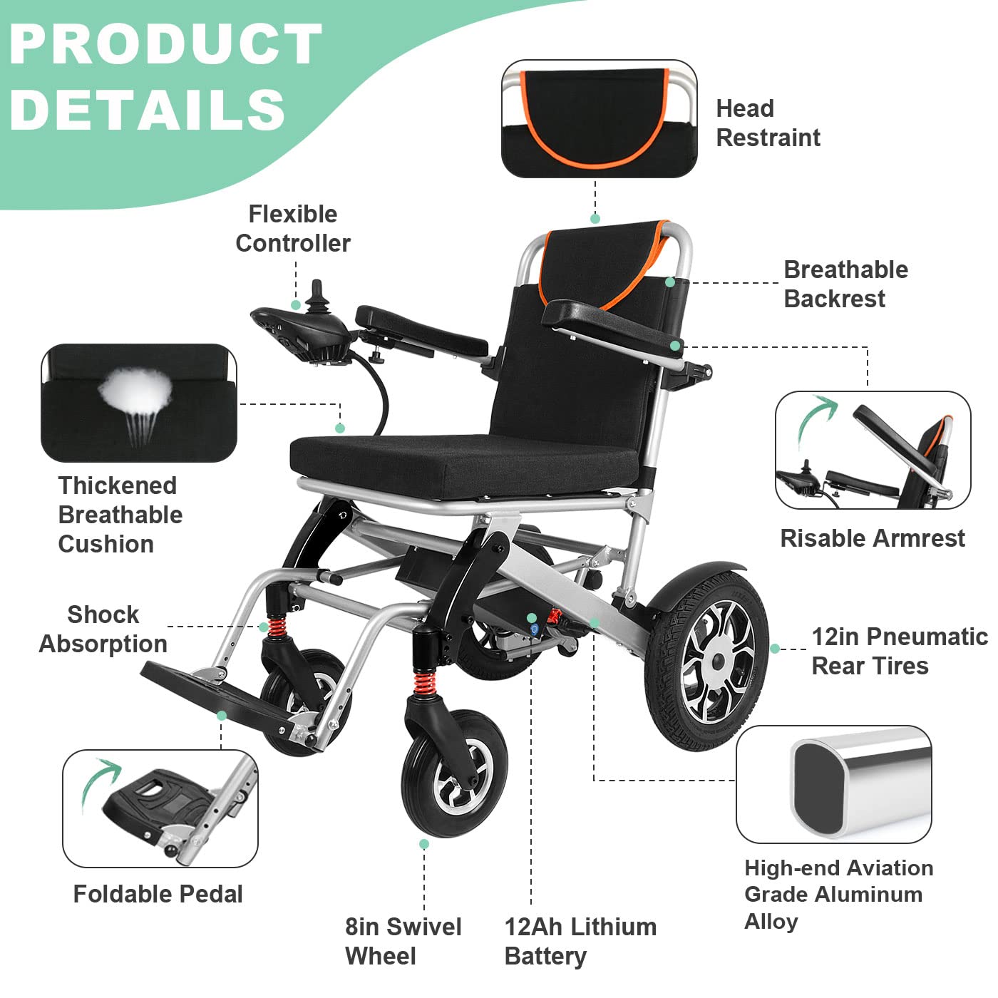 Silla de Ruedas Eléctrica Liviana Plegable Power Mobility Peso de la Silla de Ruedas de Solo 58 Lb con Neumáticos Traseros de 12"Soporte Más Estable Motores Duales de 220 Lb Y Batería de Lit
