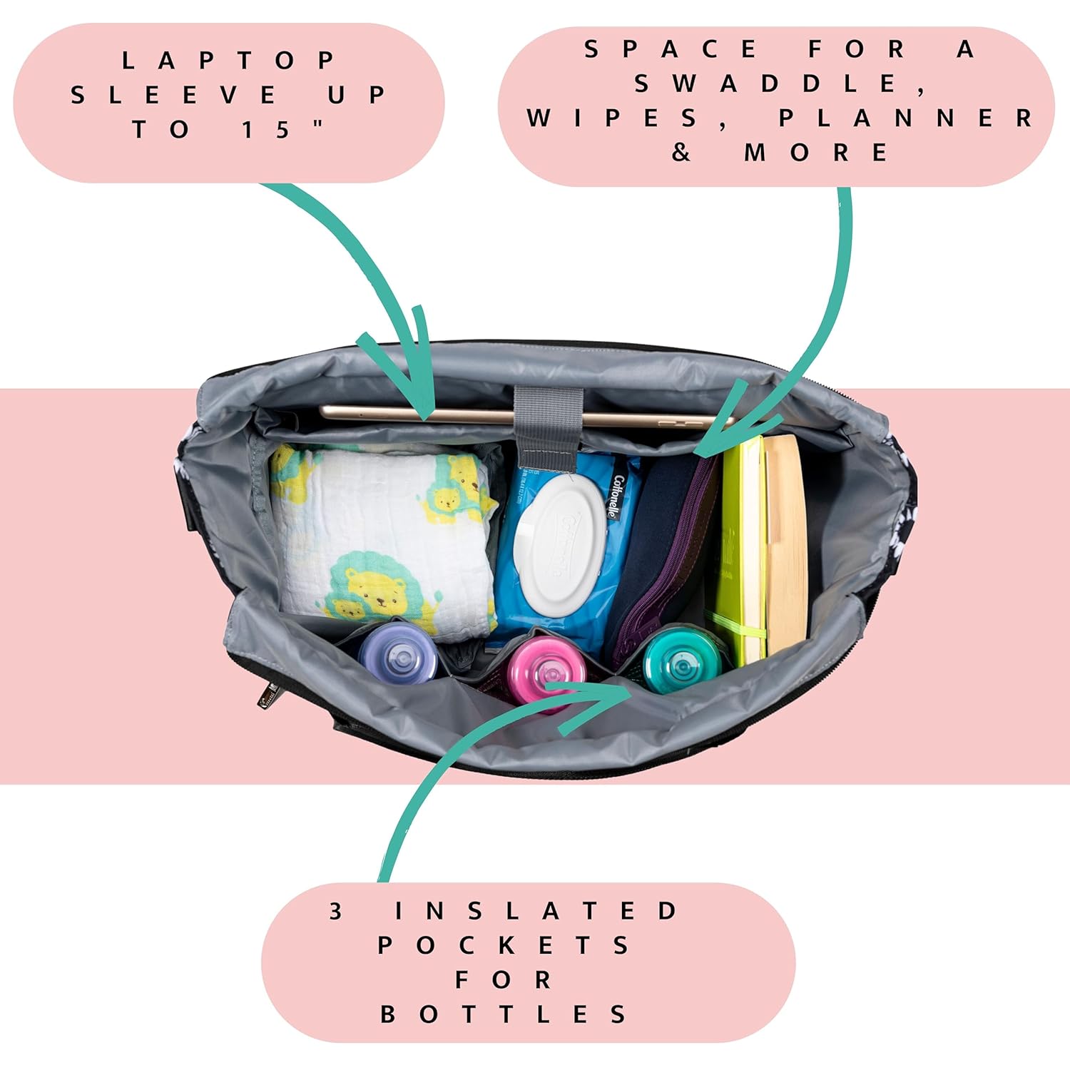 Breast Pump Bag w/Cooler & 15” Laptop Sleeve as a Work Tote -Fits Common Breast Pumps Like Spectra S1, S2, Melela (Black Daisy)