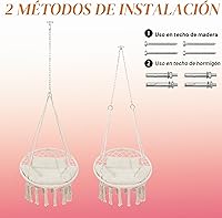 Vista 7 de Hamaca Colgante de Macramé Mecedora con Cojín Mediano, Perfecta para Dormitorio, Porche, Adultos, Balcón, Beige
