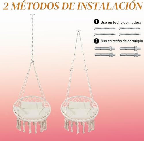 Miniatura 7 de Hamaca Colgante de Macramé Mecedora con Cojín Mediano, Perfecta para Dormitorio, Porche, Adultos, Balcón, Beige
