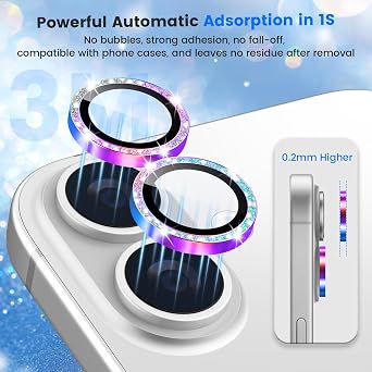 imluckies Glitter Camera Lens Protector for iPhone 17 6.3, [AR+AF] HD Clear Tempered Glass Lens Cover, 9H Scratch Resistant Individual Metal Shiny Ring, Case Friendly & Easy Install, Bling Colorful