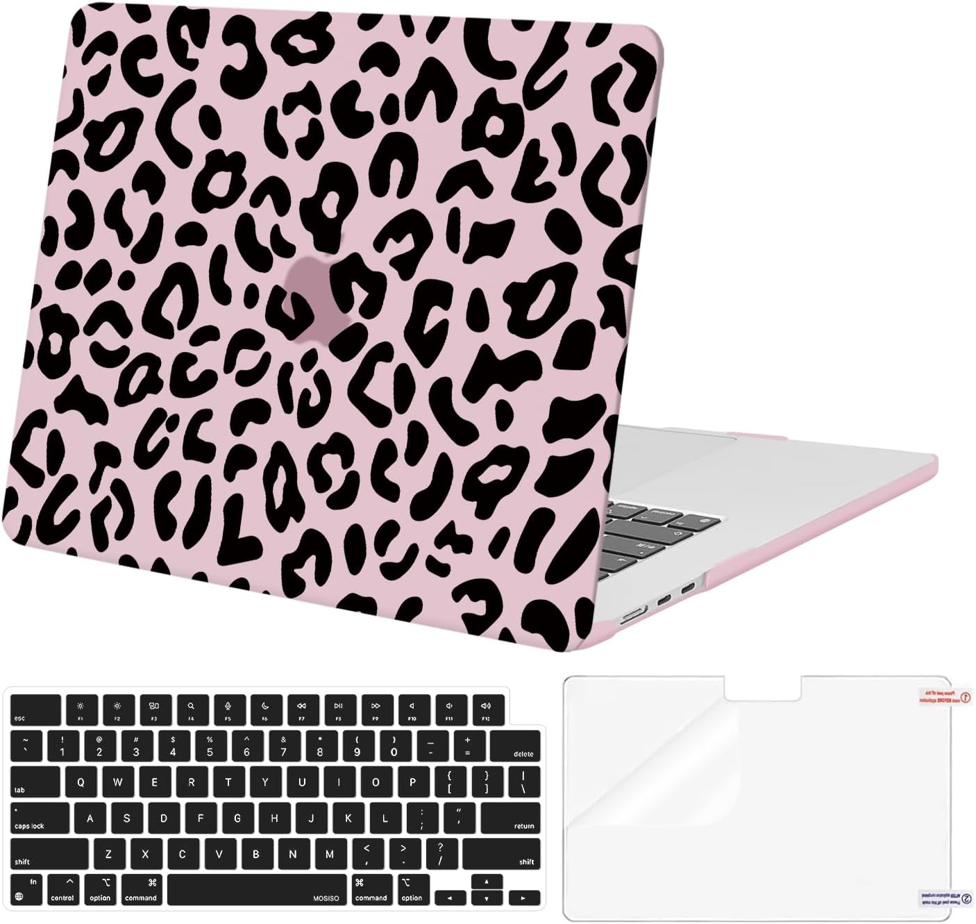 MOSISO Compatible with MacBook Air 15 inch M5 2026 M4 2025 M3 M2 2024 2023 A3448 A3241 A3114 A2941 with Touch ID, Protective Leopard Grain Hard Shell&Keyboard Cover&Screen Protector, Pink