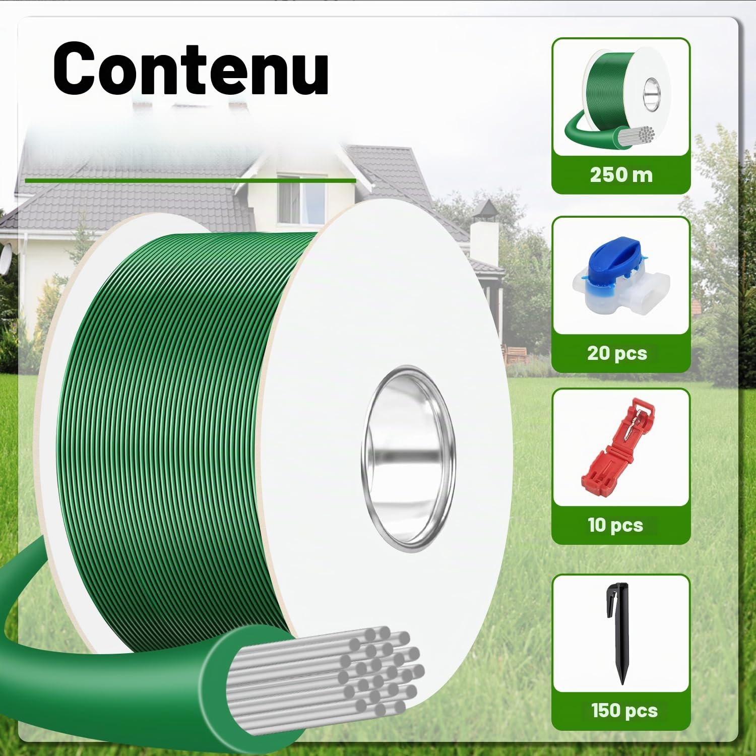 Cable Robot Tondeuse 250M + 150 Piquets + 20 Connecteurs de Câble + 10 Bornes de Connexion, Fil pour Robot Tondeuse, Câble pour Robots Tondeuses Compatible avec Gardena/Bosch/Worx/Yard Force etc
