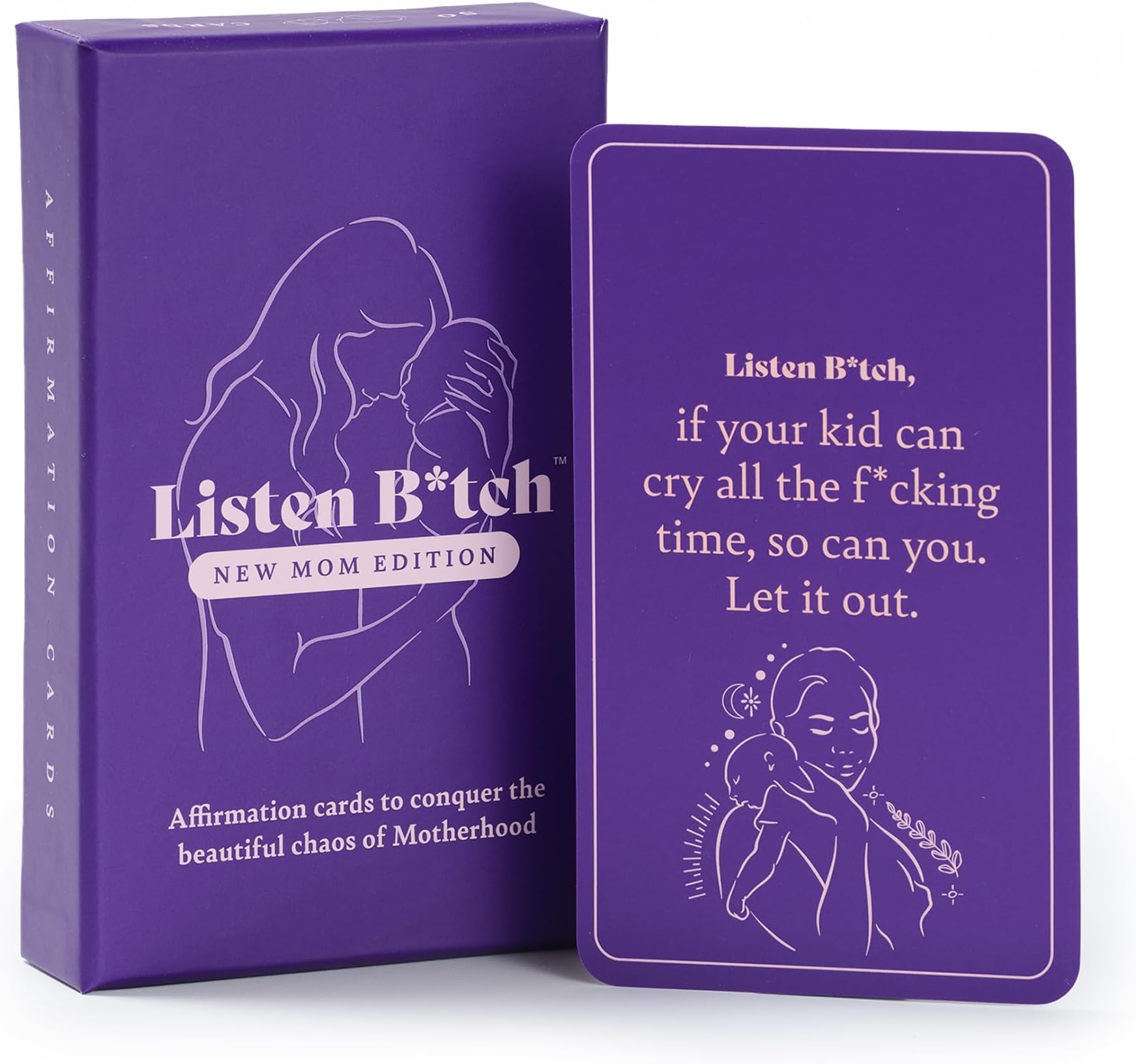 Listen B*tch New Mom Affirmation Cards | 50 Self Love & Encouragement Cards | Conquer the Beautiful Chaos of Motherhood | New Mommy Survival Kit, Postpartum Gifts for Mom, Baby Shower, Motherโs Day
