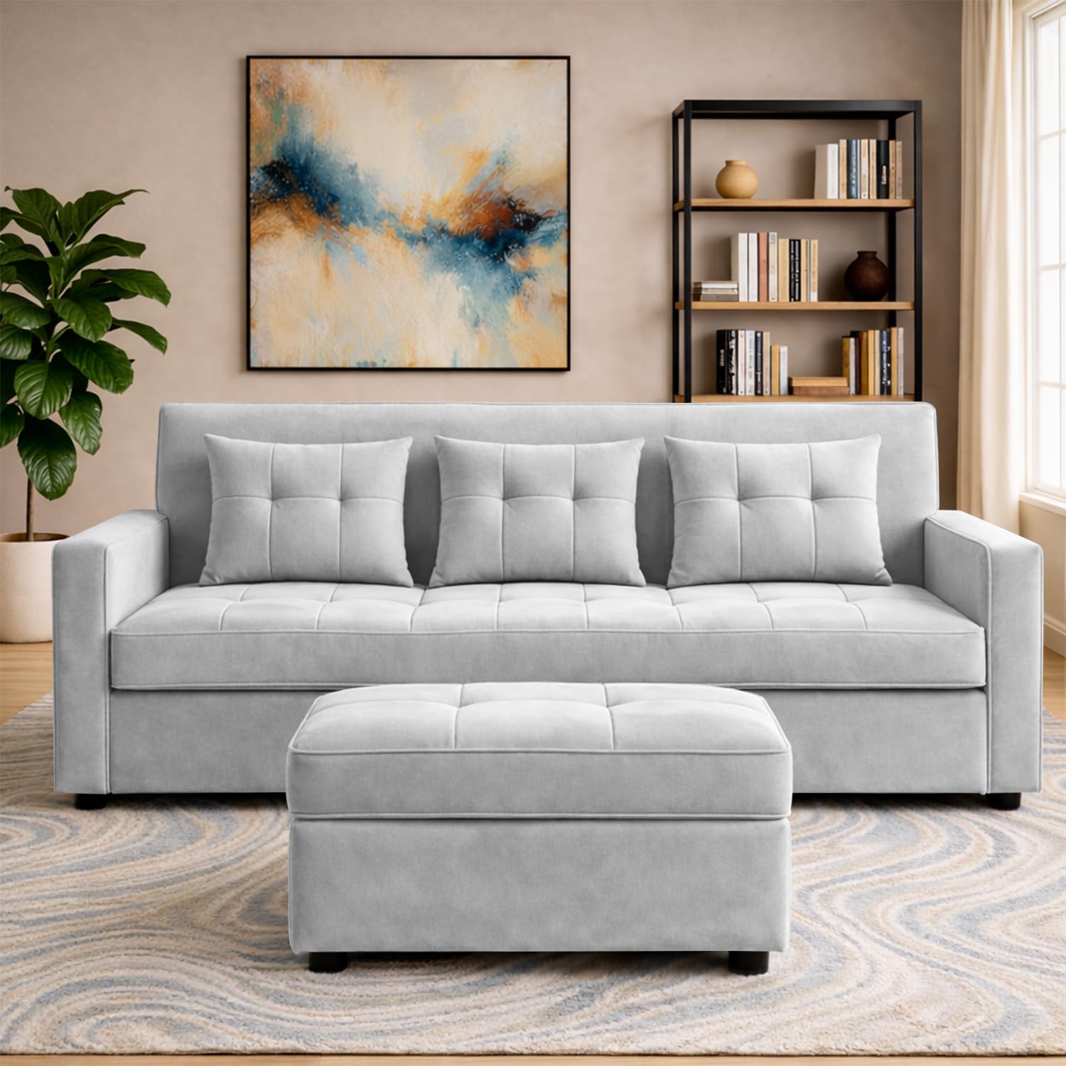 COMFORTAURA Treshta 3 Seater with Ottomon Pull-Out Sofa Cum Bed (Grey Color) Premium Fabric Sofa Set for Living Room | Bedroom-image-41