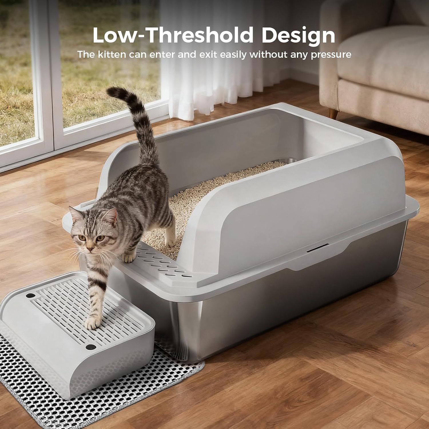 GTPLAYER Stainless Steel Cat Litter Box XL - Extra Large High-Sided Open-Top Metal Litter Box for Large & Multi-Cat Homes, Splash Guard, Low Entry, Easy Clean 304 Steel with Step, Mat & Scoop, White