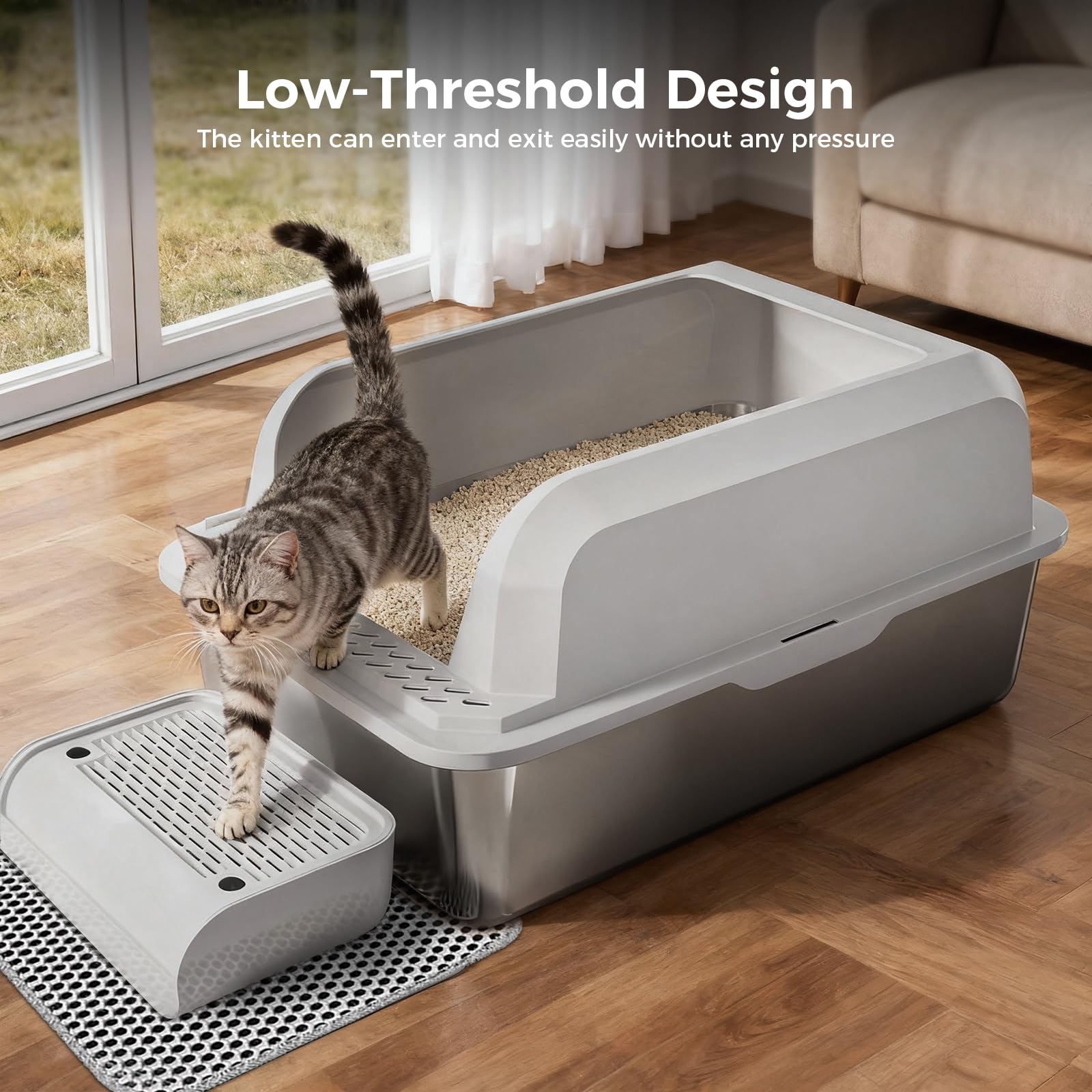 GTPLAYER Stainless Steel Cat Litter Box XL - Extra Large High-Sided Open-Top Metal Litter Box for Large & Multi-Cat Homes, Splash Guard, Low Entry, Easy Clean 304 Steel with Step, Mat & Scoop, White - image 6
