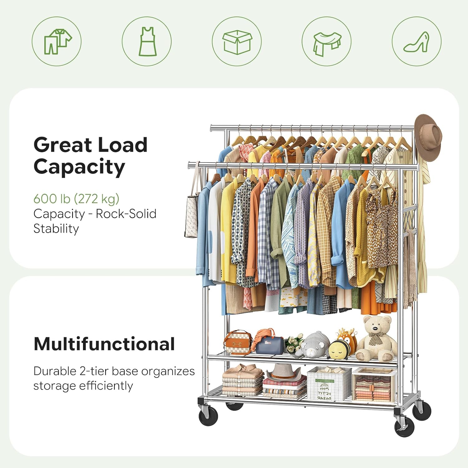 Heavy Duty Clothes Rack, Rolling Clothing Rack for Hanging Clothes Load 650 LBS with 2 Sturdy Shelves, Metal Garment Rack with Wheels for Bedroom, Laundry Room, Retail Store, Silver
