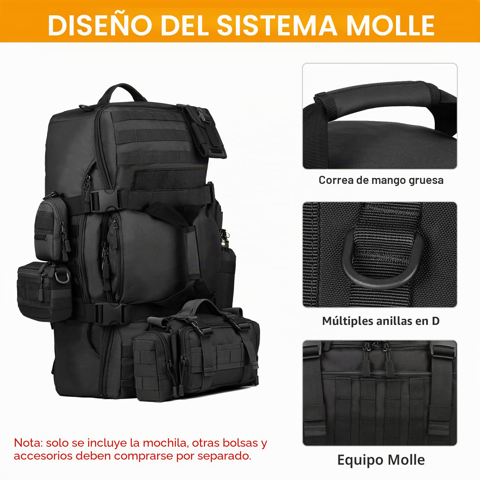 HUNTVP Mochila de Asalto Mochila de Bandolera Bolsa de Riñonera 3 vías para Llevar Estilo Militar Táctical Gran Mochila Impermeable 60L para Las Actividades Aire Libre Senderismo Caza Viajar