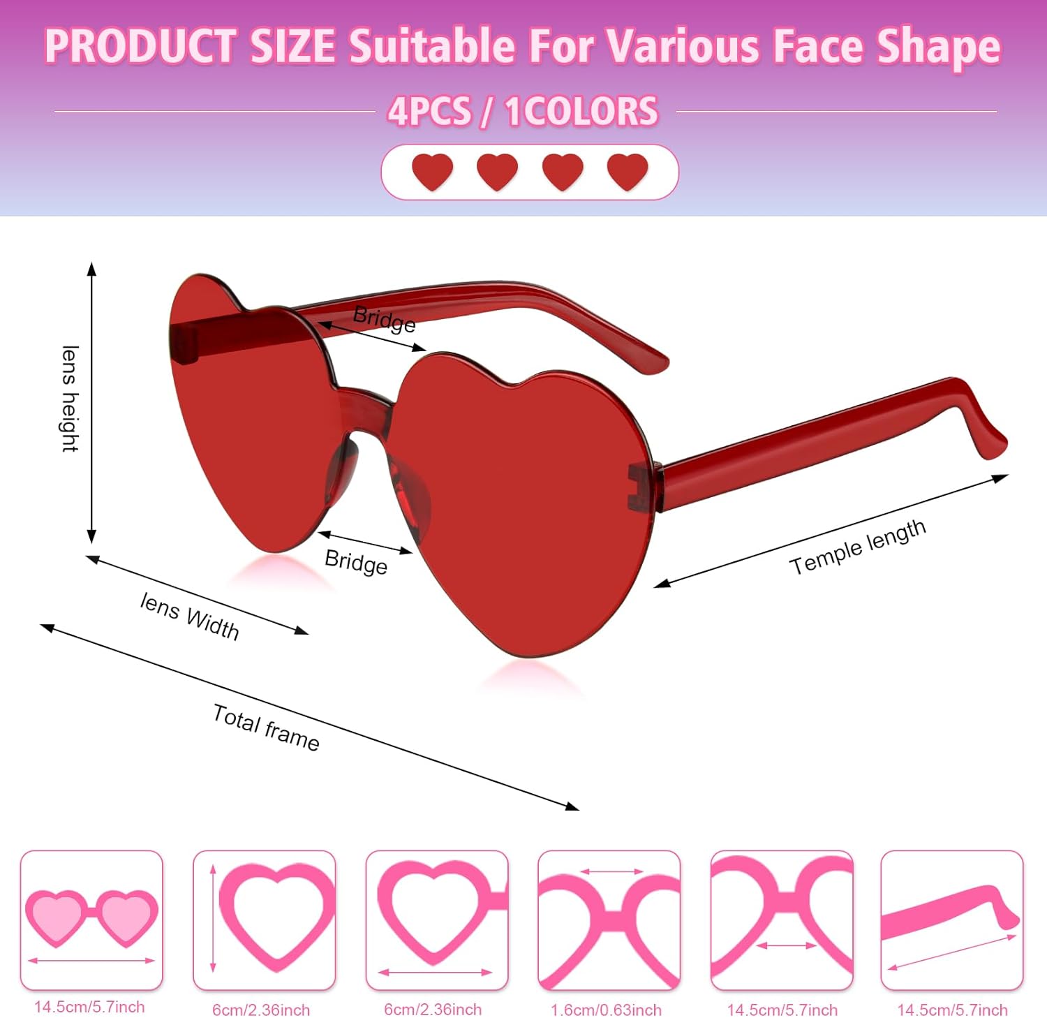 NACHLYNN 4 Pairs Red Heart Sunglasses for Women Rimless Heart Shaped Sunglasses Candy Color Glasses for Party Favors - Image 2