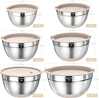 Umite Chef Mixing Bowls w/ Airtight Lids Set，26PCS Stainless Steel Khaki Bowls w/ Grater Attachments，Non-Slip Bottoms & Kitchen Gadgets Set，Size 7，4，2.5，2.0,1.5，1QT，Great Mixing & Serving，silver