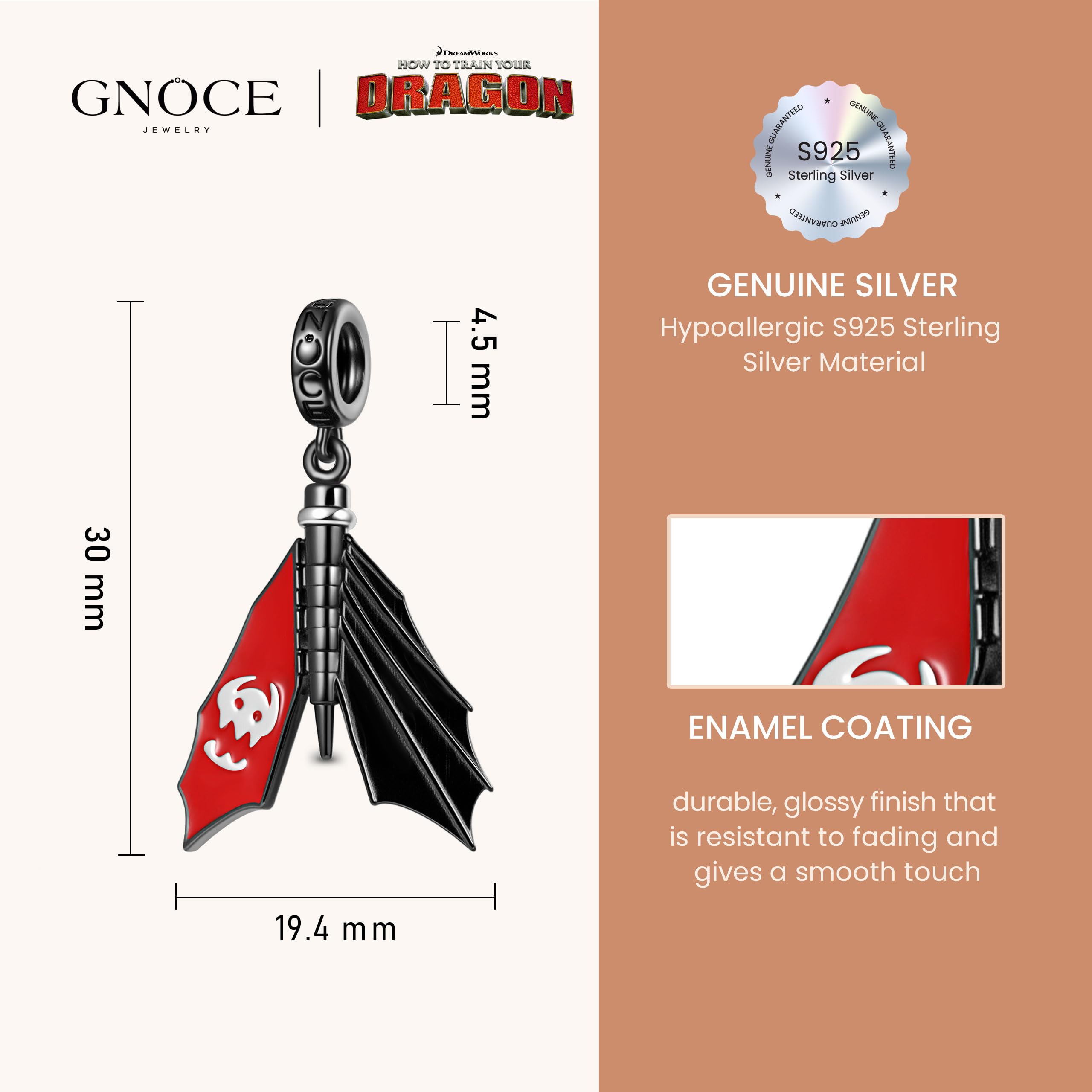 GNOCE How to Train Your Dragon Ohnezahn Flügelschläge Anhänger flatternden Flügeln 925 Sterling Silber Anhänger Charms Fit Armband/Halskette Schmuck Geschenk für Frauen Fans