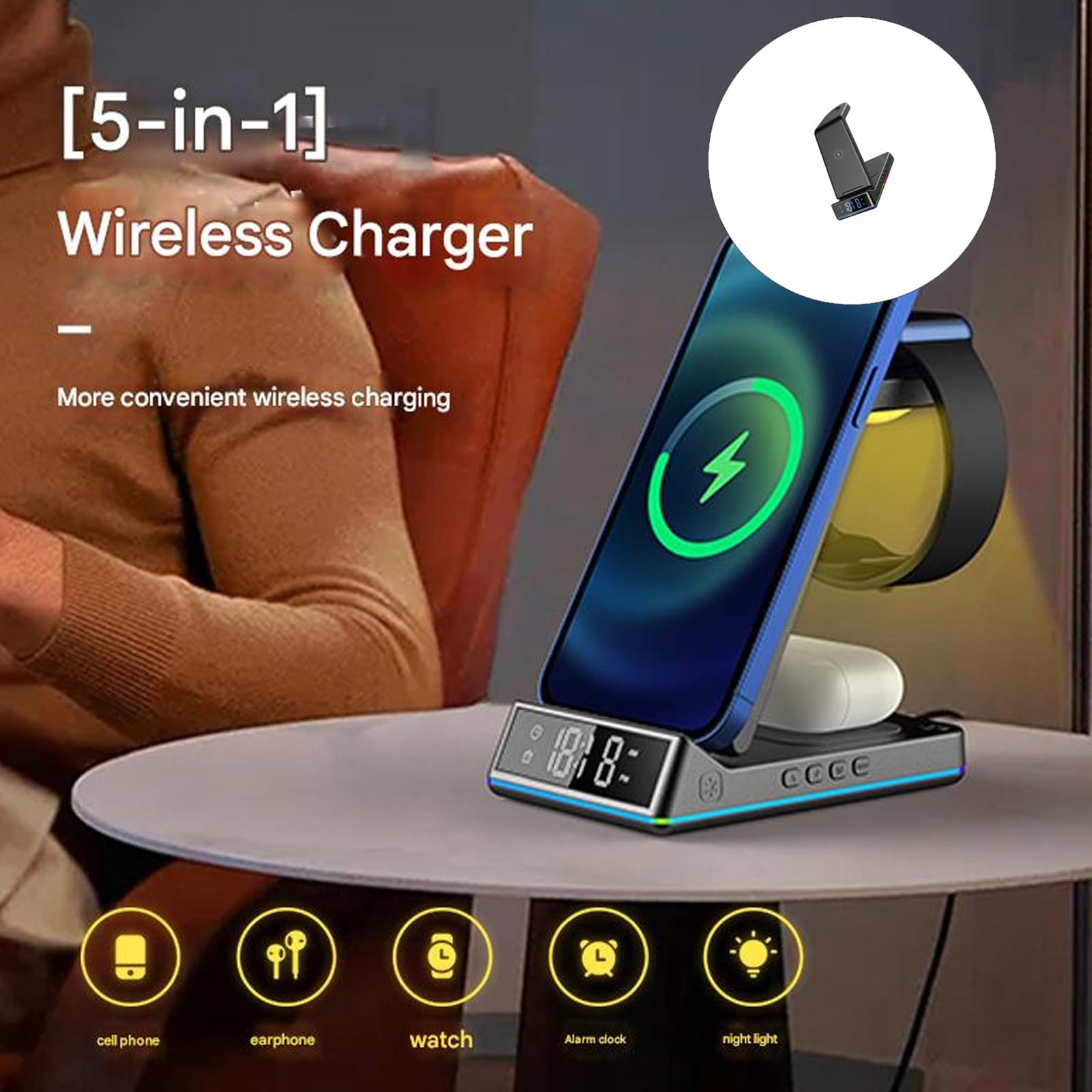 Support de charge pour téléphone, montre, écouteurs, station de charge pliable sans fil avec veilleuse, horloge et alarme