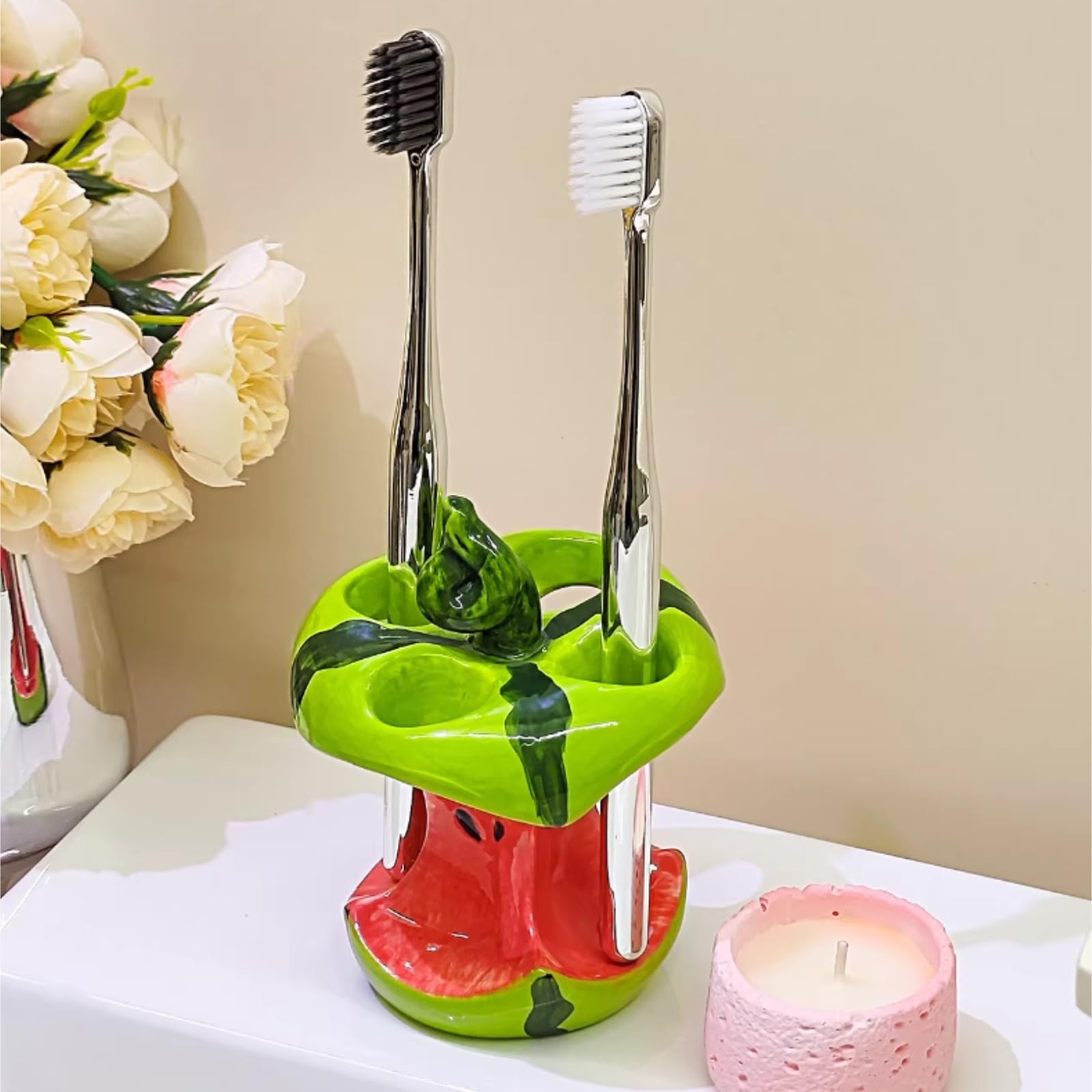 Łazienkowe Podstawka Ceramiczny Uchwyt Na Szczoteczki Do Zębów W Kształcie Arbuza Akcesoria Łazienkowe Vanity Decor Szczoteczkę Akcesoria(Three holes)
