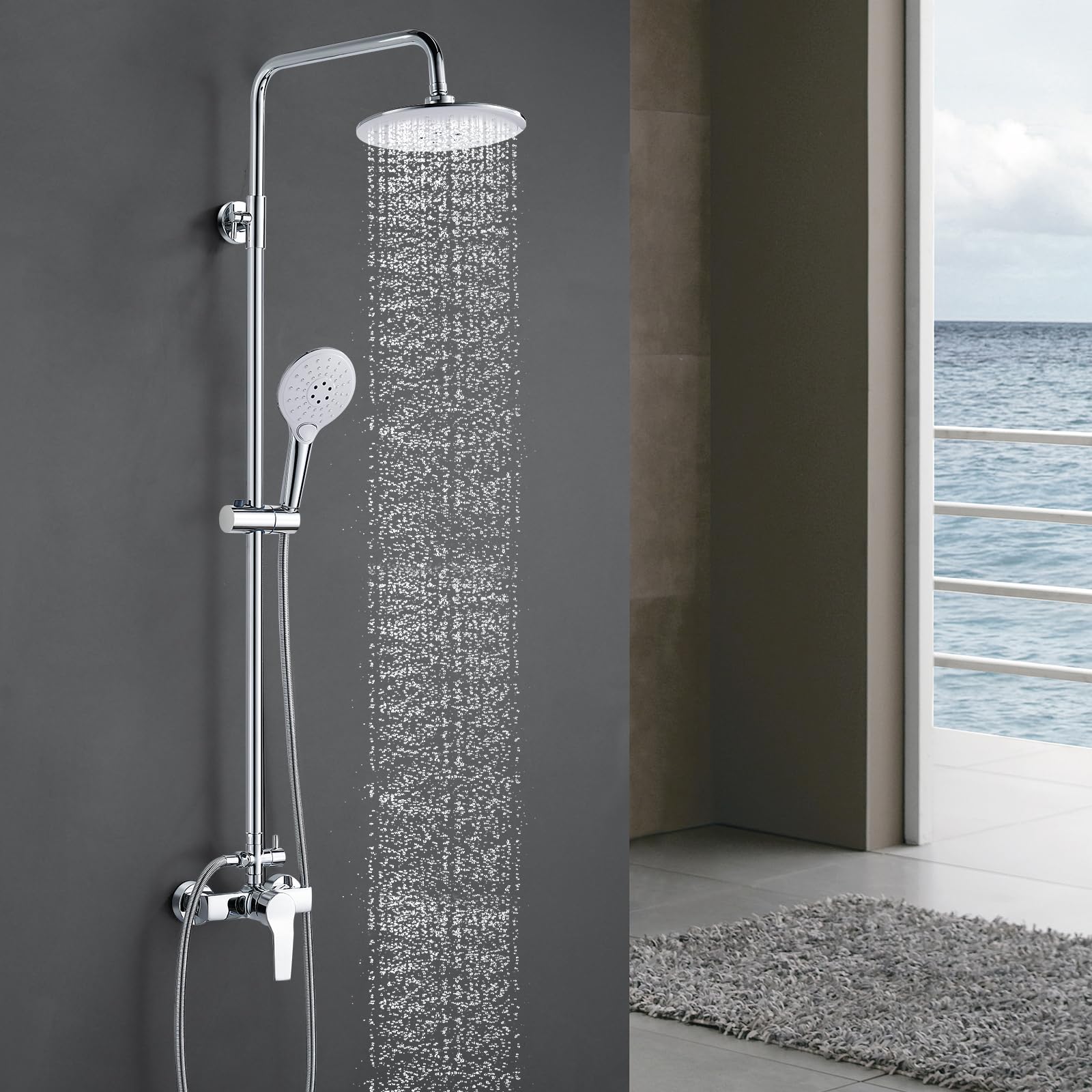Colonna Doccia con Miscelatore, Coleniny Sistema Doccia Altezza Regolabile 110-145cm, Doccia Colonna con Soffione Pioggia, Flessibile Doccia 150cm, 3 Doccetta a Spruzzo, Cromato