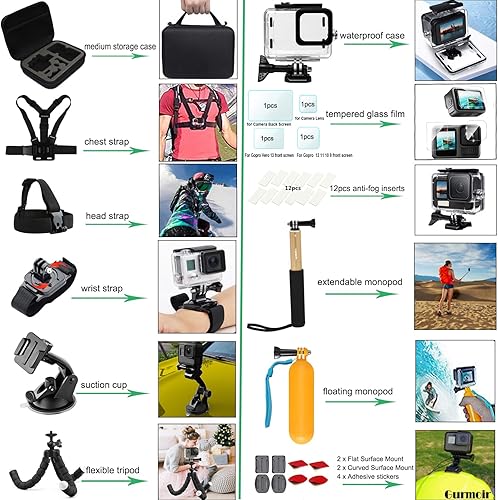 Miniatura 5 de Gurmoir Kit de accesorios con funda impermeable para GoPro Hero 11/Hero 10/Hero 9 negro, juego de accesorios de video para cámara de acción esencial