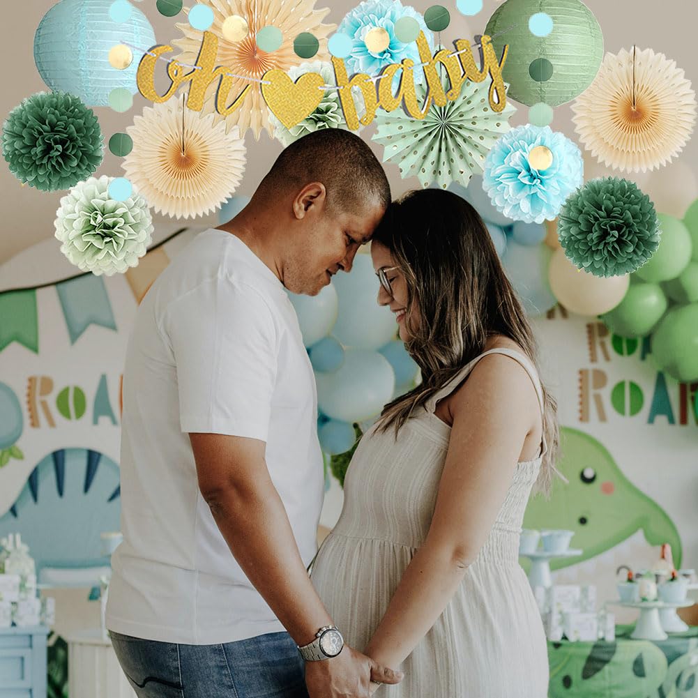 Sage Green Blue Baby Shower Decorations Boy Oh Baby Shower Decorations Sage Green and Light Blue Olive Beige Paper Fans Pom Poms Lanterns Kit for Gender Reveal Party