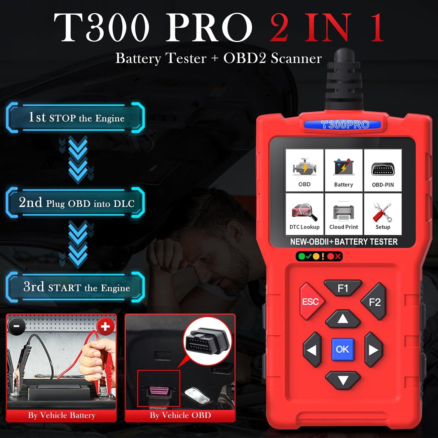 Car Scanner and Battery Tester 12v / 24v Automotive, 20-2000 CCA Car Battery Tester and Check Engine Code Reader, T300PRO