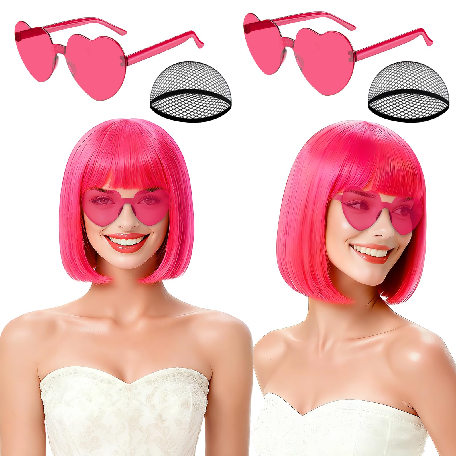 Photo 1 of rookea 2 Pack Hot Pink Neon Bob Wig with Heart Sunglasses for Women, Colorful Short Bob Wigs with Bangs Synthetic Hair for Cosplay Music Festival Bachelorette Party Fancy Dress Photography