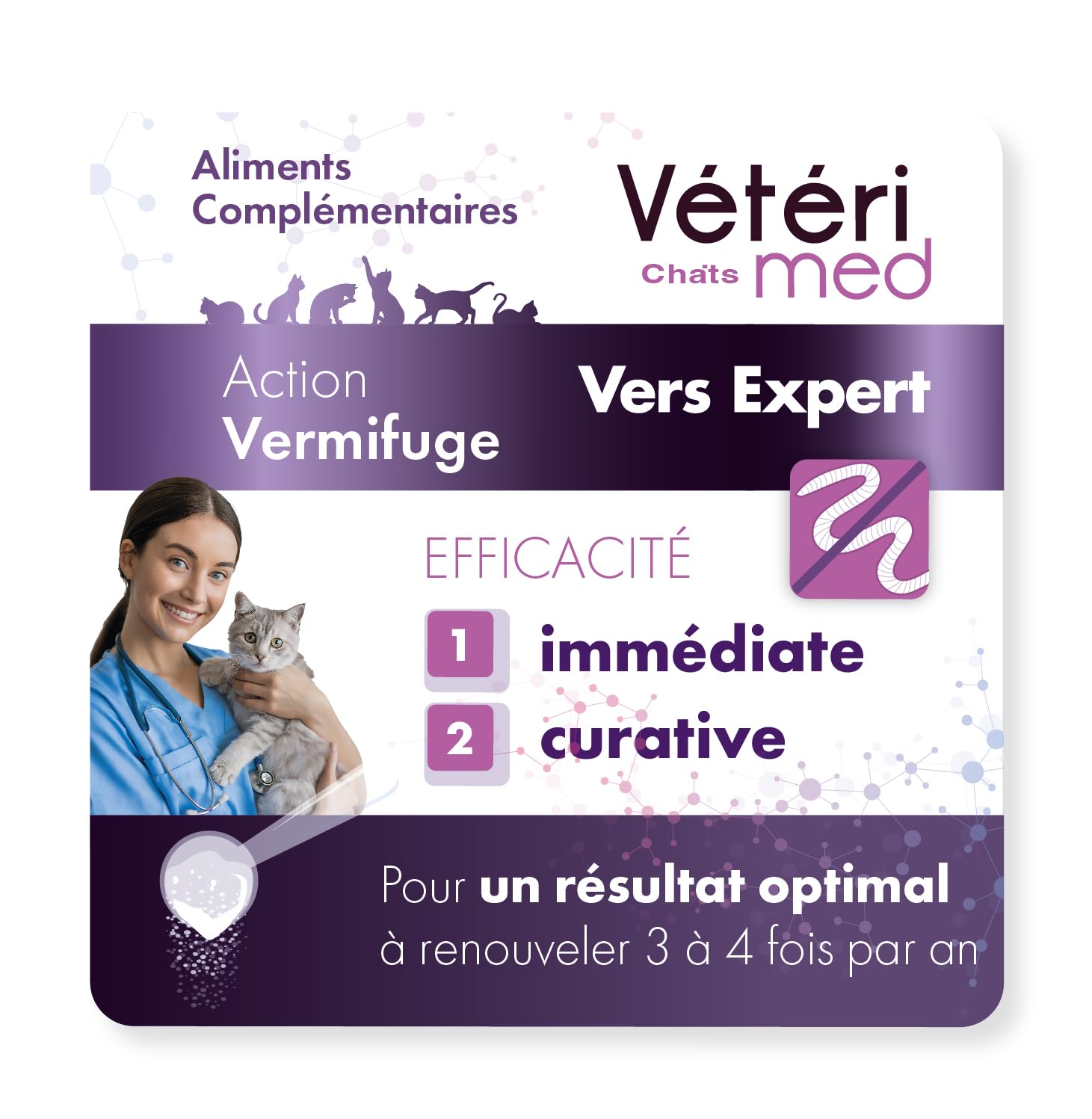 Desparasitante para Gatos Vétérimed, Higiene intestinal y Bienestar General, Fabricado en Francia, Polvo Natural