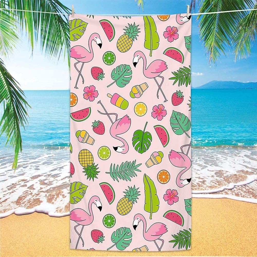 Grande telo mare in microfibra, motivo floreale nero e arancione, morbido, ad asciugatura rapida, per viaggi, sport e palestra (ananas rosa fenicottero, 70 x 150 cm)