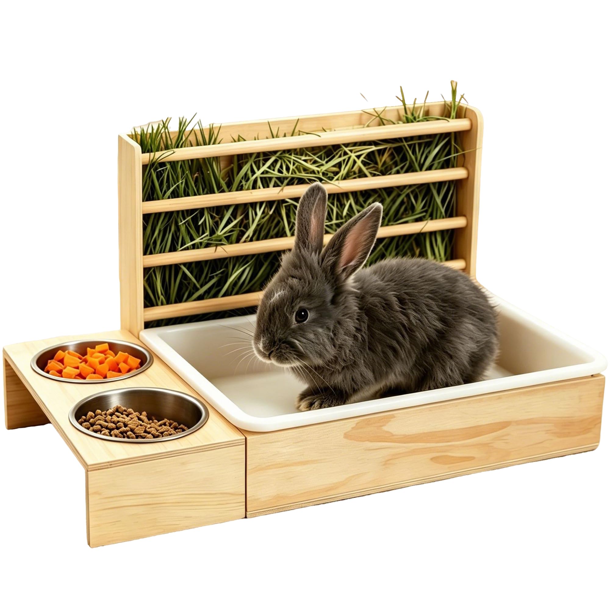 Mangiatoia per Fieno Per Conigli in Legno, 3-in-1 Distributore Cibo per Conigli con 2 Ciotole in Acciaio Inossidabile & Lettiera