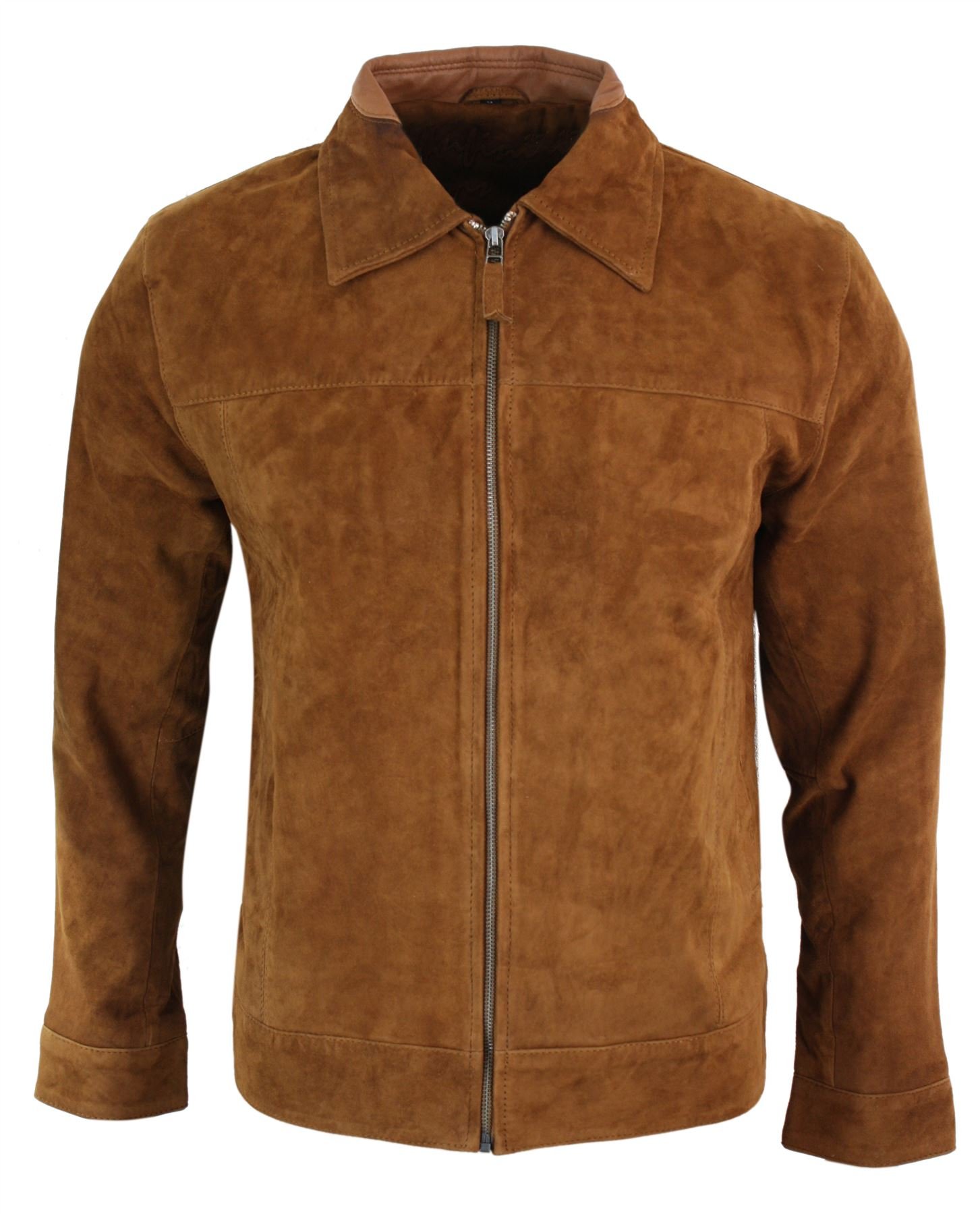 Infinity Leather Men's Tan Brown Real Suede Leather Classic Zip Jacket Camel Turn Down Collar Vintage Retro