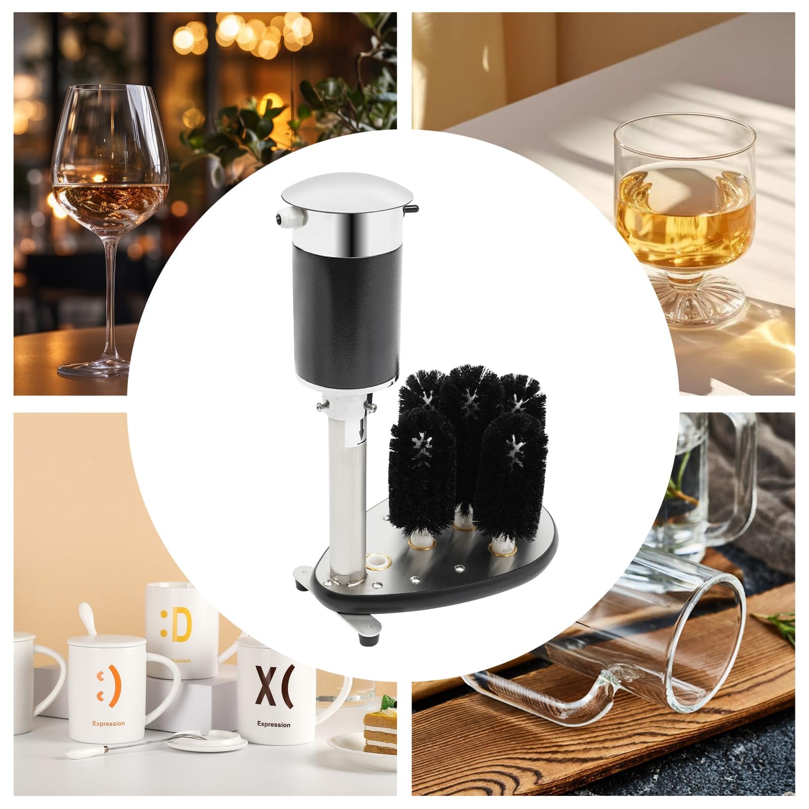 Lavadora eléctrica de vidrio, 4 cepillos, 130 W, 240 rpm, limpiador comercial para copas de vino, tazas de cerveza, 8-10 cm de diámetro, 600-800 tazas/hora