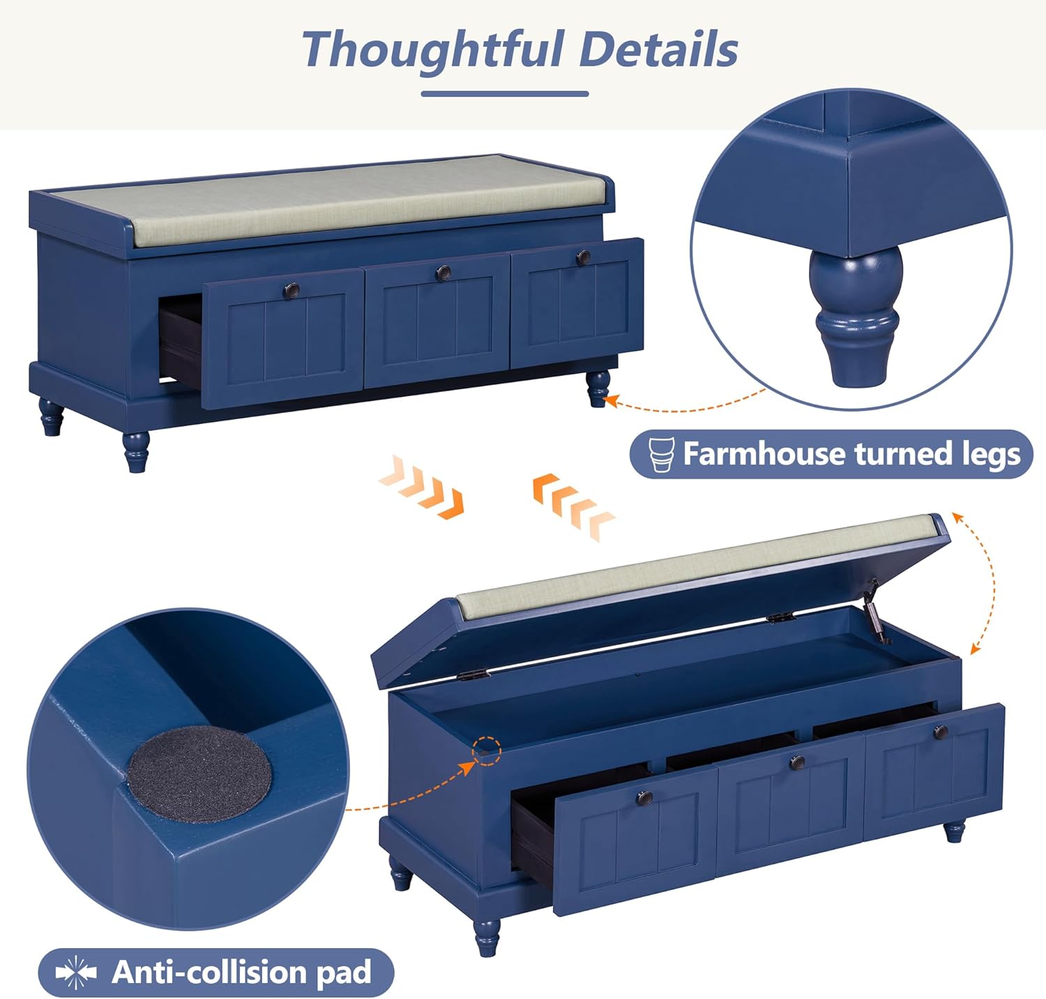 Entryway Storage Bench with Three Drawers, Classic Storage Bench with Cushioned Seat, Wood Shoe Bench for Entryway and Living Room (Navy Blue/241)