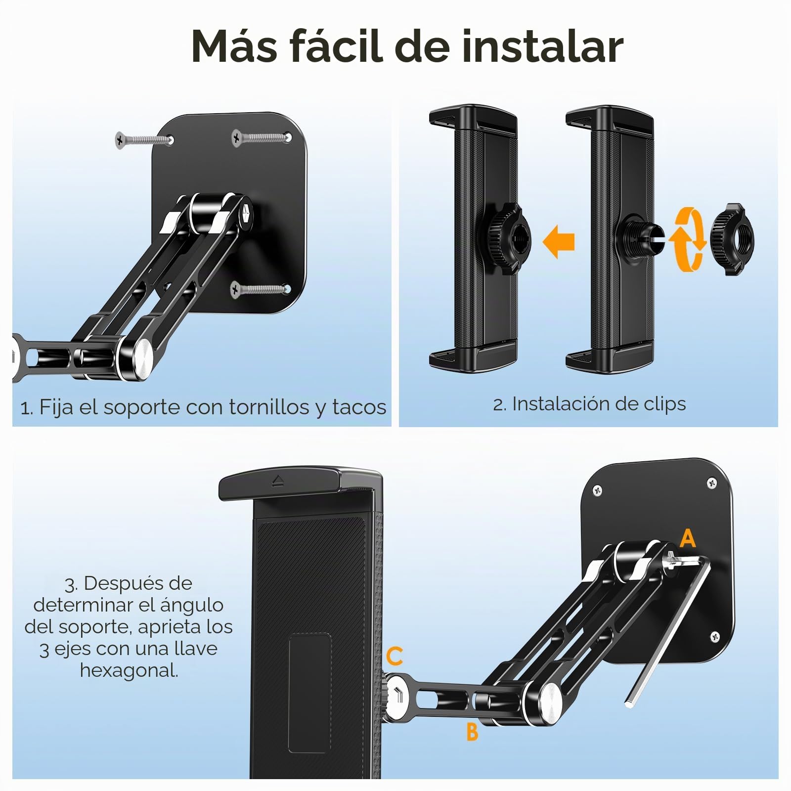 Soporte de pared para tablet de aluminio extensible, con base giratoria de 360° ajustable y plegable para iPad Pro Air Mini, Samsung Galaxy Tab, todos los teléfonos y tablets de 4.7-13"