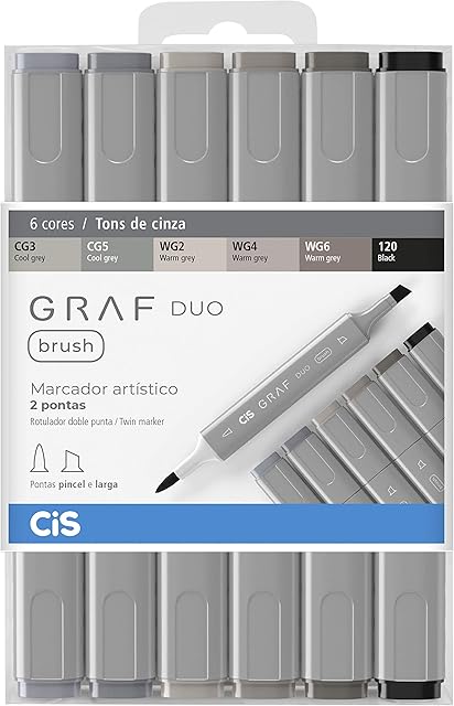 Marcador Artístico 2 Pontas, CiS, Graf Duo Brush, 60.8900, 6 Cores, Tons Cinza