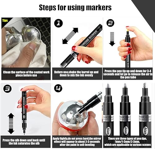 Miniatura 3 de Marcador metálico de plata brillante, 1 marcador de cromo plateado líquido de 0.04 a 0.118 pulgadas, rotulador de pintura a base de aceite para