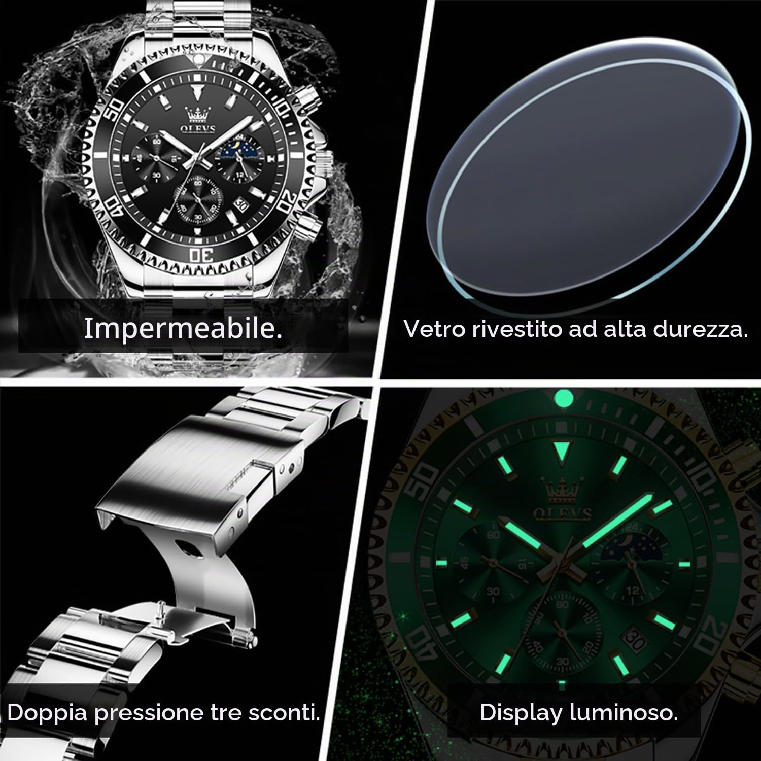 OLEVS Green Dial Watches for Men Fashion Analog Quartz Waterproof Chronograph Gold Silver Stainless Steel Watch Business Classic Luxury Big Face Luminous Multifunction Men Wristwatches