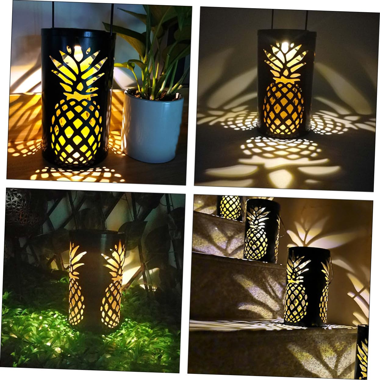 GANAZONO Lampada Solare da Esterno in Ferro Forma di Ananas Lanterna Sospesa per Giardino Cortile Patio Decorazione Elegante con Proiezione Luminescente Alimentata Energia Solare