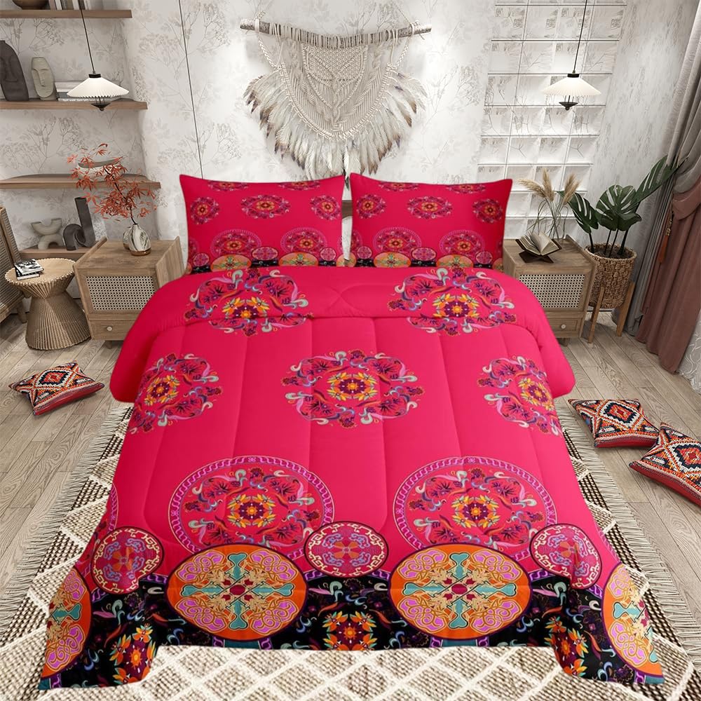 Loussiesd Bohemian Theme Duvet Insert for Kids Boys Ethnic Vintage Floral Printed Bedding Set Microfiber Exotic Tribal Pattern Room Decor Quilt Set 3Pcs King Size — image 1