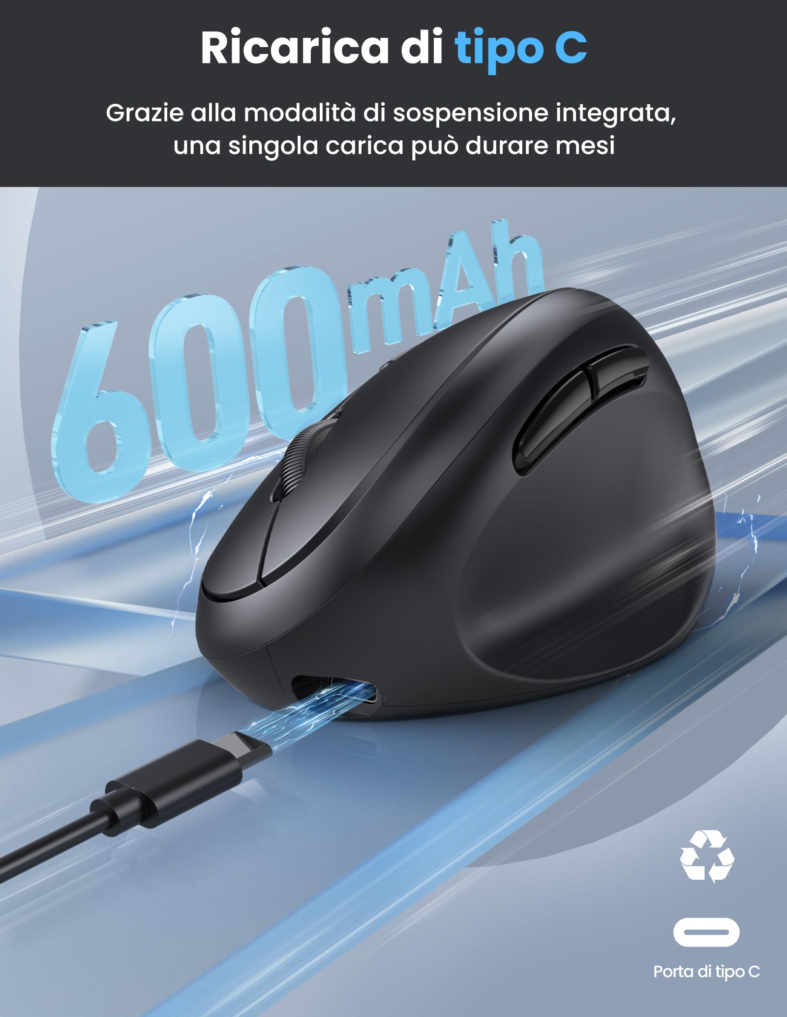 TECKNET Mouse Verticale, Mouse Bluetooth Ergonomico Ricaricabile, Multi-dispositivo (BT5.0/3.0 + 2.4G), 4800 DPI, Clic Silenziosi, 6 Pulsanti Per PC, Computer Portatile, Mac - Nero