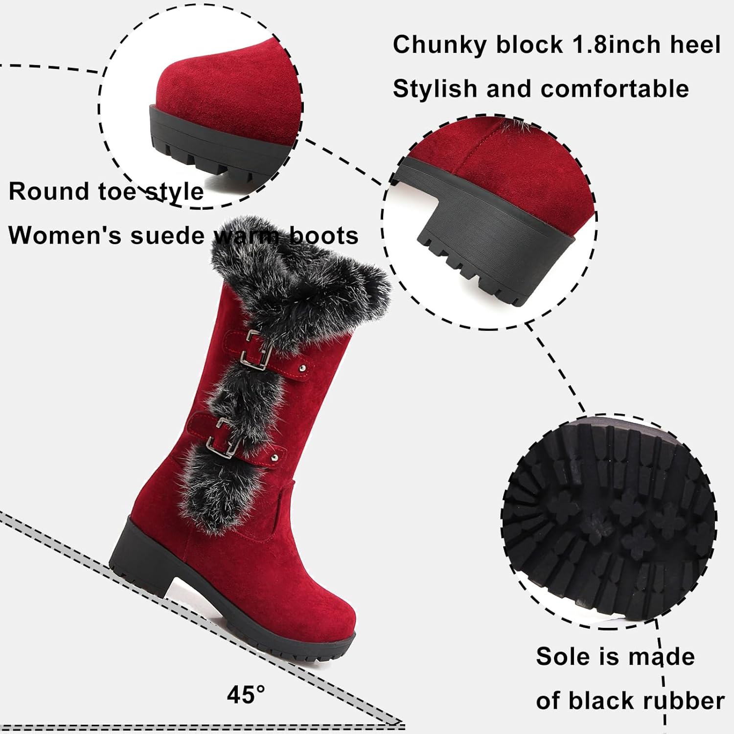 Women's Suede Mid-Calf Snow Boots Winter Fur Lined Buckle Platform Warm Shoes Round Toe Low Block Heel Pull-on Anti-Slip Outdoor Boot