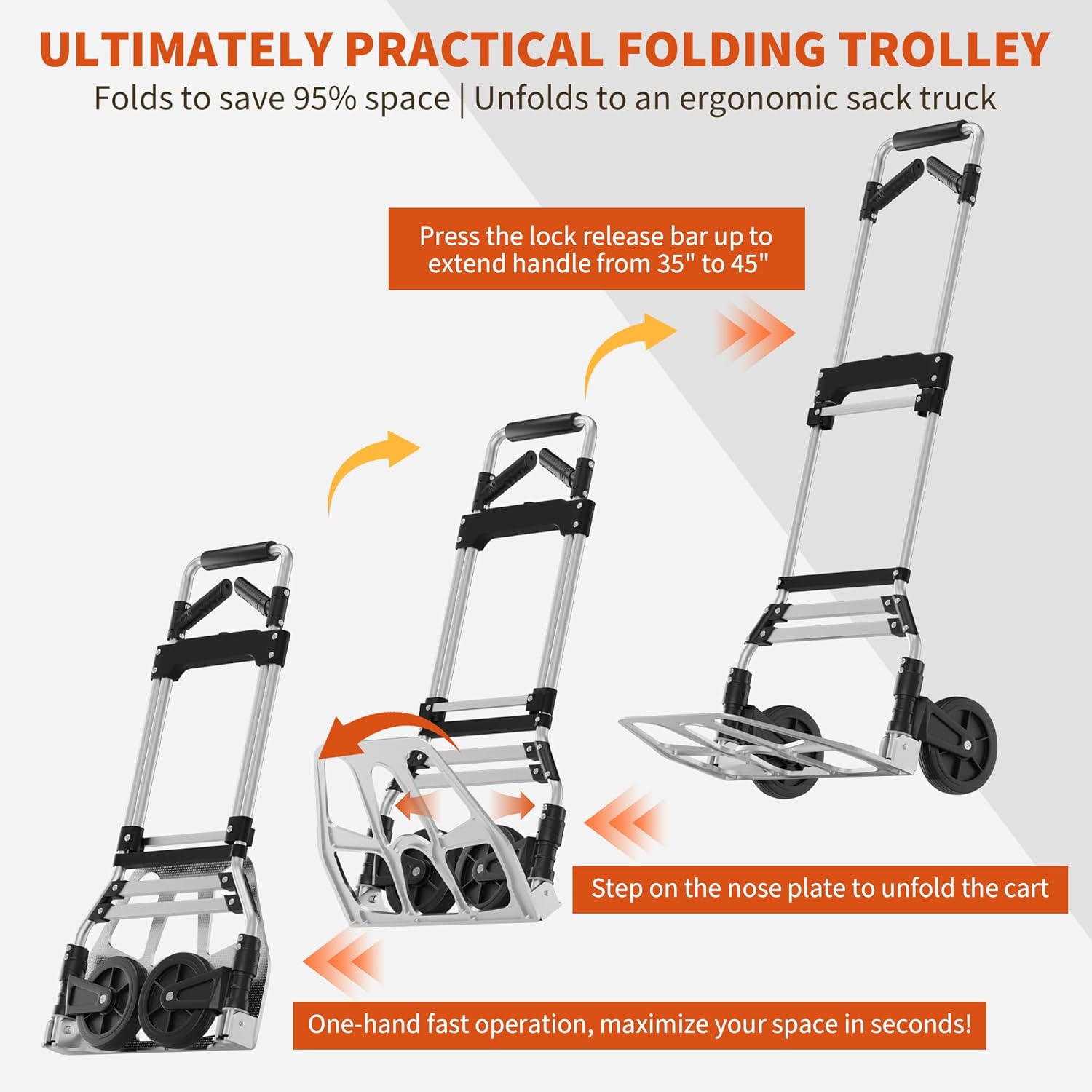 DIAMONDFORGE Folding Hand Truck Dolly Cart, 330 LBS Capacity Heavy Duty Foldable Dolly Cart with Wheels and 360° Rotating Handle, Aluminum Portable Handcart for Moving Boxes, Shopping, Black