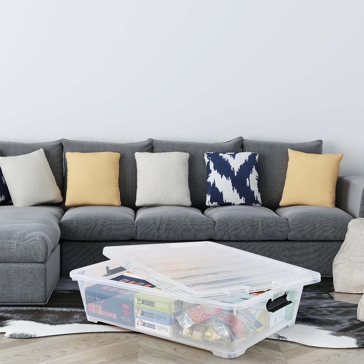 50 L Large Plastic Under Bed Storage Containers, Clear Plastic Underbed Storage Bins with Wheels, 3-Pack