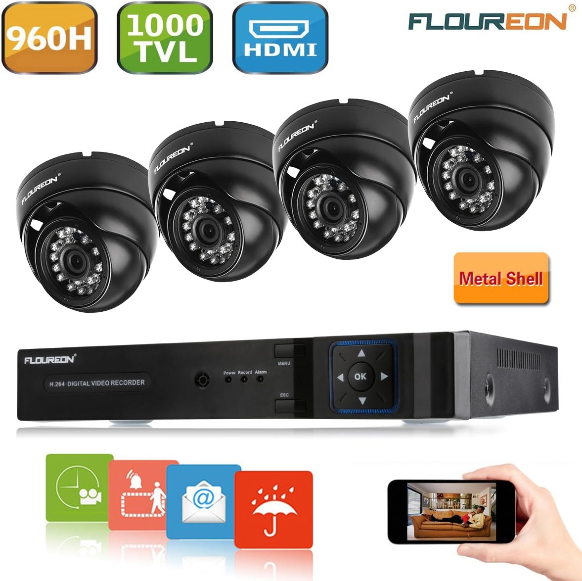 FLOUREON 8-Channel DVR and four 1000TVL dome security cameras kit.