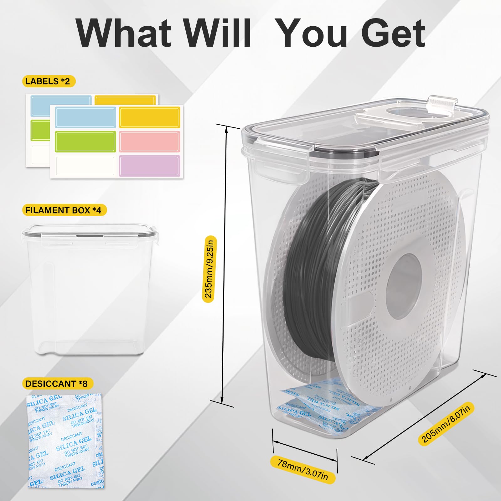 3D-Drucker Filament Aufbewahrungsbox, 4er-Pack Trockenbox mit wiederverwendbarem Silica Gel Trockenmittel für 1KG PLA ABS PETG Filamentspulen, Schützt vor Feuchtigkeit