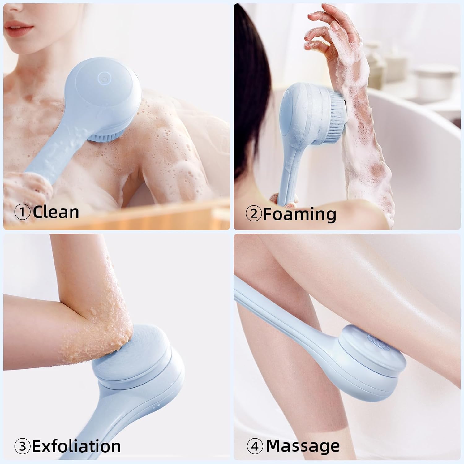 Electric Body Brush Back Scrubber for Shower, Waterproof Long Dual Handle Power Body Scrubber with 3 Heads, Bath Brush & 2 Speeds, for Cleansing, Exfoliating and Massaging Skin, Sky Blue