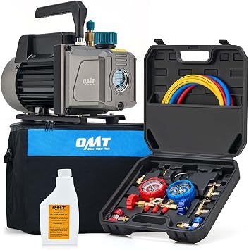 OMT 3.5 CFM AC Vacuum Pump and Gauge Set for R134a R12 R22 R502 | Aluminum Alloy Casing; 3 Color Hoses, Can Taps & Adapters; For Mini Split, HVAC & Auto Systems; For Mechanics & DIY Use