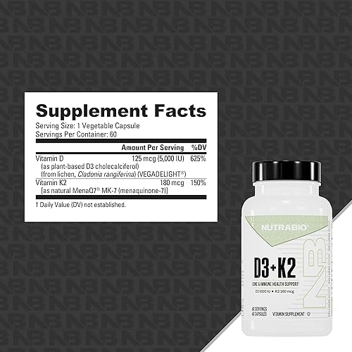 Miniatura 3 de NutraBio Vitamina D3 K2 | 5000 UI D3 como colecalciferol con vitamina K2 como MENA-Q MK7 (180 mcg) | Apoya la salud ósea y cardíaca | Sin OMG, sin
