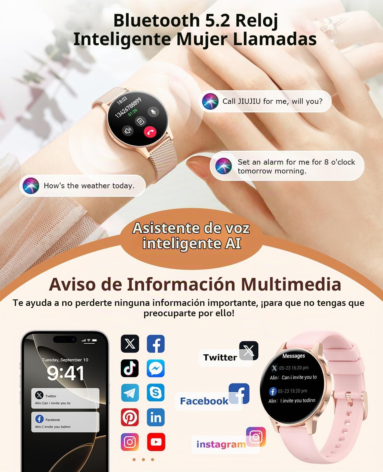 SLOKSFil Reloj Inteligente Mujer 1.27”HD Pantalla Táctil Completa Smartwatch Mujer con Llamadas Bluetooth, 24H Frecuencia Cardíaca Monitor Sueño,100+ Modos Deportes para iPhone Android (Oro Rosa)