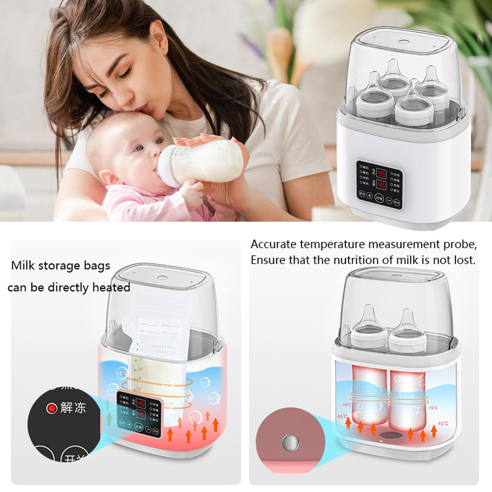 8-in-1Flaschenwärmer, Milchwärmer mit Timer, Babykostwärmer mit Fernbedienung, Sterilisator für Babyflaschen, Bottle Warmer mit Auftau, Sterilisier für Familien Kinderzimmer und Kindertagesstätten